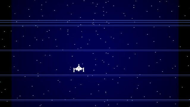 Animation of a spaceship, 8-bit style, pixel art.