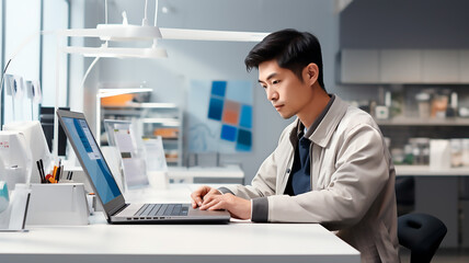 Asian businessman working at his desk and typing on his laptop computer.