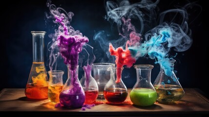 chemistry experiment with colorful liquid and smoke, colorful test tube for science, Glass bottle with a colorful potion smoke - obrazy, fototapety, plakaty
