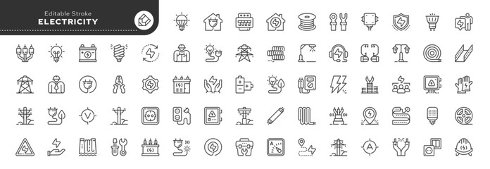 Set of line icons in linear style. Series - Electricity, electric power line, light, light bulb and electrical equipment.Outline icon collection. Conceptual pictogram and infographic. - obrazy, fototapety, plakaty