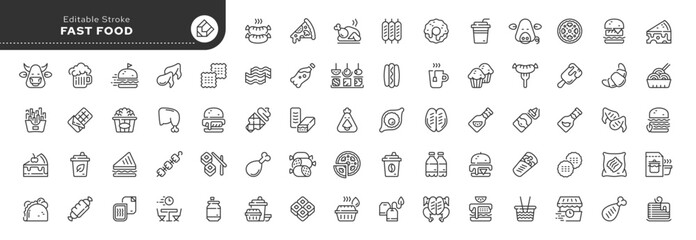 Set of line icons in linear style. Series - Fast food and drinks. Food court, food and quick meals.Outline icon collection. Conceptual pictogram and infographic.