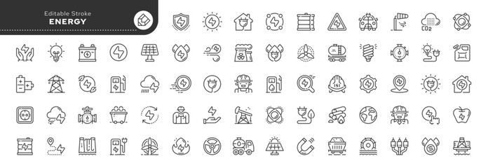 Set of line icons in linear style. Series - Energy, energy resources, type of energy and power. Outline icon collection. Conceptual pictogram and infographic. - obrazy, fototapety, plakaty