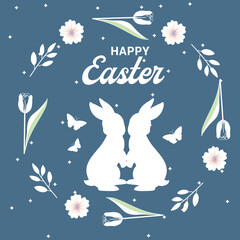 Happy Easter greeting card with cute rabbit and flowers. Square banner templates with Easter eggs, decorative floral elements and bunny ears. Modern sale posters, holiday covers or social media post. 