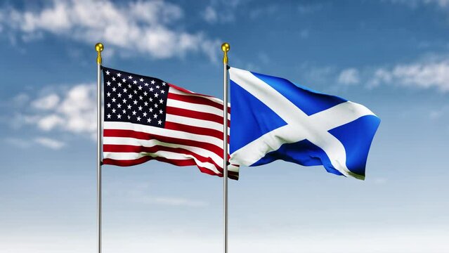USA or america and scotland flag waving on sky background. 4K Highly Detail 3D Rendered video footage for national or government activity, patriotism and  social media content.
