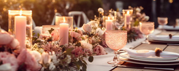 Wedding table set for festive dinner decorated with flowers and burning candles in open restaurant outdoor