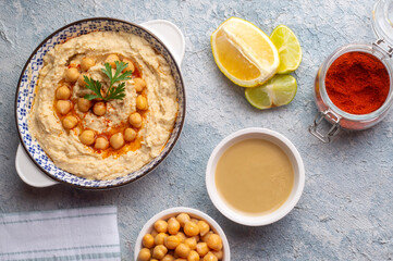 Hummus, chickpea on plate, traditional delicious Turkish food (Turkish name; Humus)