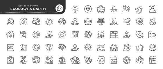 Set of line icons in linear style. Series - Ecology.Environment and renewable energy. Green ecology and recycling. Outline icon collection. Conceptual pictogram and infographic.