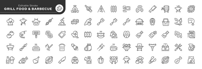 Set of outline icons in linear style. Series - Grill, barbecue, grilled food and grilling. Meat, vegetables and grill accessories.Outline icon collection. Conceptual pictogram and infographic.