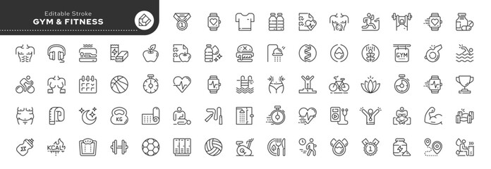 Set of outline icons in linear style. Series - Gym, fitness and sports. Health and healthy lifestyle. Line icon collection. Pictogram and infographics. - obrazy, fototapety, plakaty