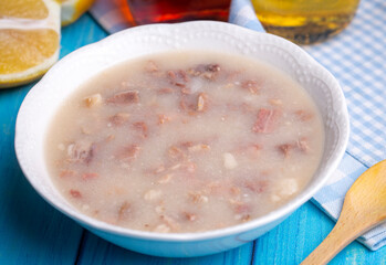 Traditional delicious Turkish food, Turkish traditional tripe soup; iskembe corbasi and offal soup, Turkish Meat Soup Kelle Paca (Turkish name; Kelle paca corbasi)