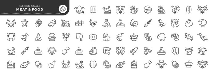 Set of line icons in linear style. Series - Meat. Meat products, food and semi-finished products. Types of meat and sausages. Outline icon collection. Pictogram and infographic. Editable stroke. - obrazy, fototapety, plakaty