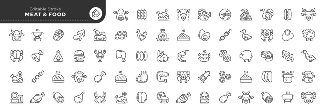 Set of line icons in linear style. Series - Meat. Meat products, food and semi-finished products. Types of meat and sausages. Outline icon collection. Pictogram and infographic. Editable stroke.