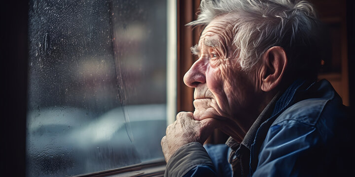 Elderly sad grey haired man looking through wet window glass of home or nursing house. Loneliness and sadness concept.