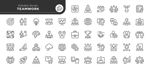 Set of outline icons in linear style. Series - Team, teamwork in business and work, work group, business people.Outline icon collection. Conceptual pictogram and infographic. - obrazy, fototapety, plakaty