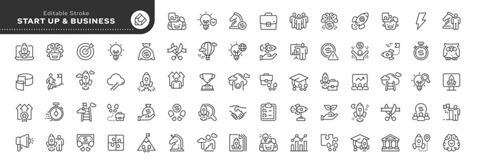 Set of line icons in linear style. Set - Start up, starting a business, marketing, financial and career start. Web line icon. Outline pictogram and infographic. Vector collection - obrazy, fototapety, plakaty