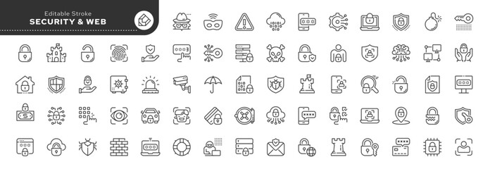 Set of line icons in linear style.Series - Security, web safety and cyber protection.Shield, locking padlock, password, safe key, data protection. Outline icon collection. Conceptual pictogram