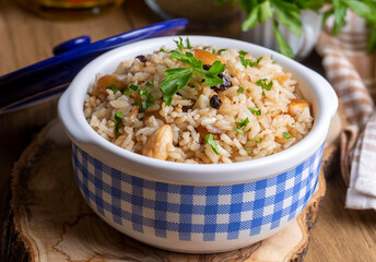 Traditional delicious Turkish food; rice pilaf with pine nuts and currants (Turkish name; bademli ic pilav or pilaf)