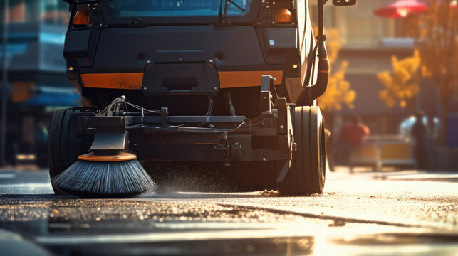 Street cleaner. Demonstration of harvesting equipment. A road sweeper. Vehicle for street cleaning. Machine with brushes for cleaning.