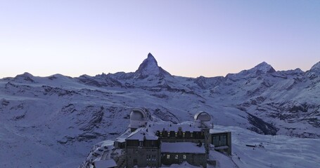 Panoramic view at Gornergrat with Matterhorn view during winter in Switzerland at night. Majestic...