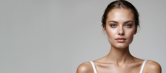 Close up portrait of a beauty fashion model with beautiful natural skin. Perfect face structure, skincare and beauty concept, copy space.