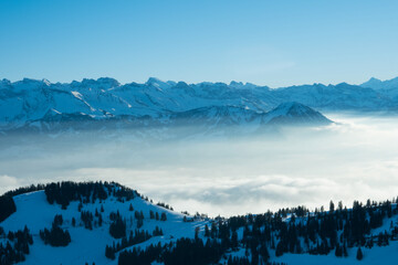 Panoramic view over summit of Mount Rigi (Rigi Kulm) and Lake Lucerne underneath, Switzerland....