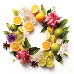a circle of fruit and flowers