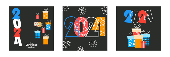 Fototapeta premium A set of posters in honor of the New Year and Christmas. Vector stock illustration. Christmas tree. Minimalism. Brutalism and geometric shapes. Background. Isolated. Snowflake.