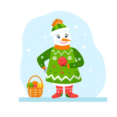 Funny flat snowman wife with yarn and sweater on snowy background. Vector cartoon illustration of fairy tale character in pullover. Winter snow woman in jersey with smile for holiday card or poster