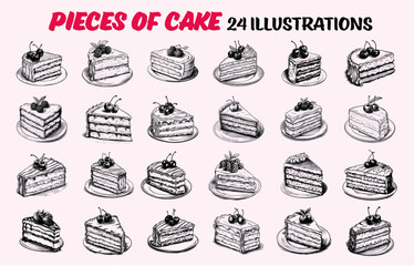Collection of drawn Pieces of cake. Sketch illustration	
