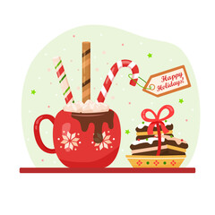 Vector winter season hot drink flat illustration. Cartoon red mug of hot coffee or cocoa or chocolate with marshmallow and gingerbread cookie. Candy cane label “Happy Holidays” for banner or poster