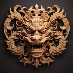 a carved wooden dragon head