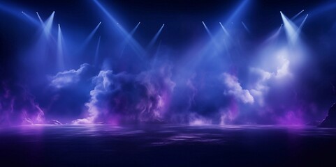 Close up Illuminated stage with scenic lights and smoke. Blue purple spotlight with smoke volume...