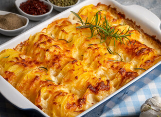Potato gratin - graten (baked potatoes with cream and cheese) with rosemary and forks (Turkish name; Kremali patates)