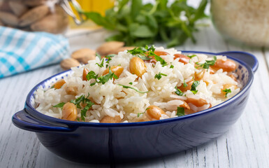 Traditional delicious Turkish food; Almond rice pilaf (Turkish name; Bademli pirinc pilavi)