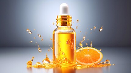 Vitamin C serum liquid gel in dropper and structure. Collagen complex with chemical formula from nature skin care vitamins. On copy space background 3D realistic. Medical scientific concept