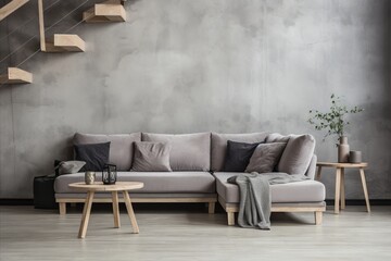 Elegant Scandinavian Living Room with Cozy Grey Sofa, Staircase, and Modern Home Interior Design