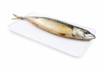 Smoked fish on a white plate from a fish shop
