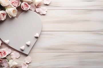 Light gray wooden background decorated with white heart shapes and paper flat flowers. Banner for Valentine's Day, wedding, anniversary or any other romantic event.