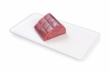 Chilled tuna on a white plate. White background