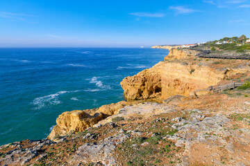 Fototapeta na wymiar The rugged coastline and sea at Carvoeiro Portugal, in the municipality of Lagoa, Algarve, Portugal.