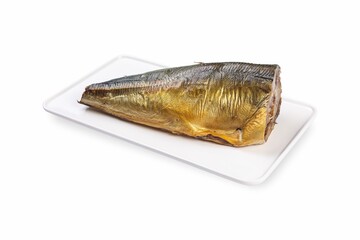 Smoked fish on a white plate from a fish shop
