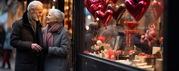 A close-up shot of a loving elderly couple, a man and a woman, strolling by the store windows adorned for Valentine’s Day, February 14, winter, holiday.