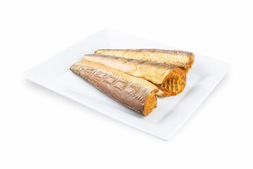 Smoked fish on a white plate from a fish shop
