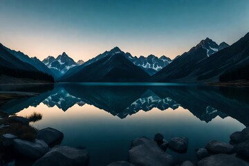 Fototapeta na wymiar A serene alpine lake reflecting the surrounding mountains and the sky at twilight.