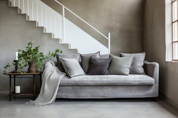 Modern Scandinavian Interior Design. Grey Sofa in Stylish Living Room with Staircase