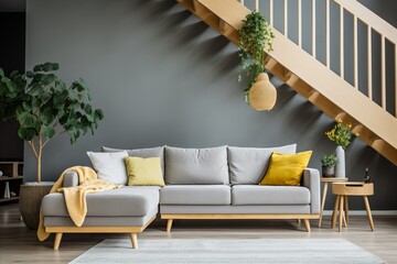 Modern Scandinavian Home Interior with a Cute Grey Sofa and Staircase in the Living Room