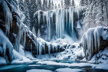 A frozen waterfall in winter, with icicles and snow framing the suspended cascade. - obrazy, fototapety, plakaty
