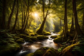 A meandering river flowing through a lush forest, with rays of sunlight piercing through the canopy.