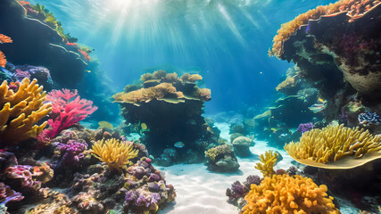 Obraz premium Underwater view of beautiful coral reef with hard corals and tropical fish