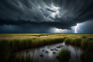 Fototapeta na wymiar A flat marshland under a stormy sky, with tall grasses swaying and a distant lightning strike illuminating the horizon.